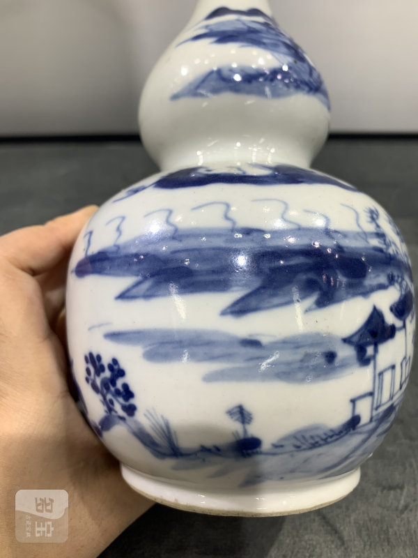 清晚期青花山水楼阁纹葫芦瓶 - 图8